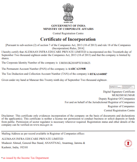 MCA Corporation Certification
